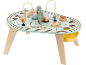 Table d'activités en bois pour enfants avec thème animaux de la forêt et labyrinthe de perles.