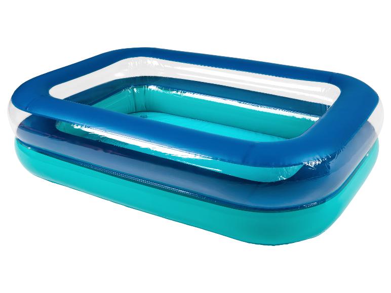Piscine gonflable rectangulaire avec des couches bleues, blanches et turquoises