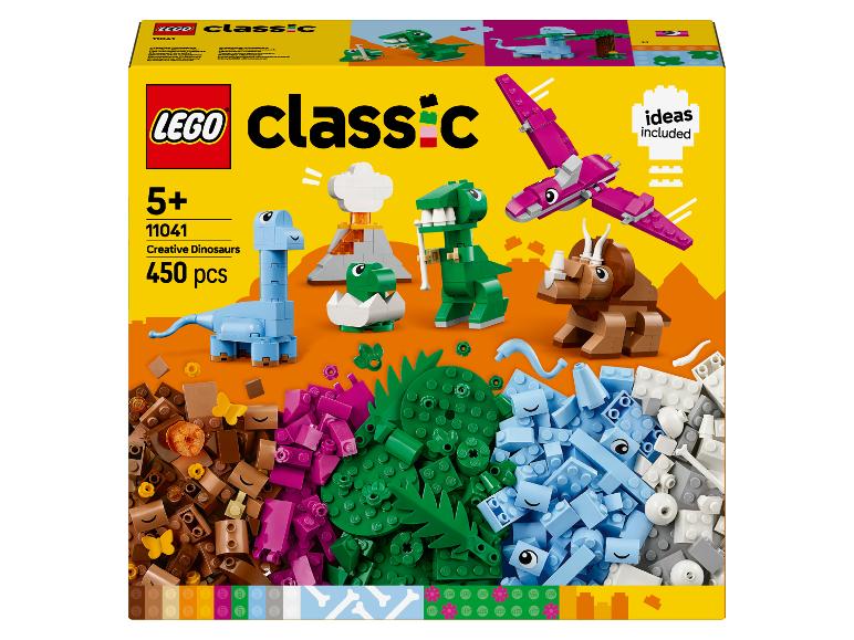 Boîte LEGO Classic Creative Dinosaurs de 450 pièces, présentant des dinosaures construits et des briques colorées.