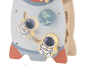 Jouet en bois sur le thème de l'espace, avec des astronautes et la planète Terre.