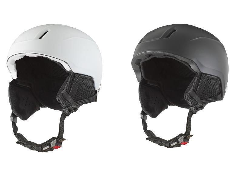 Deux casques de ski, un blanc et un noir, sur fond blanc.