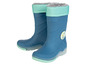 Deux bottes de pluie bleues avec un bord vert menthe et une doublure en polaire.