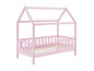 Un lit en bois rose avec un cadre en forme de maison.