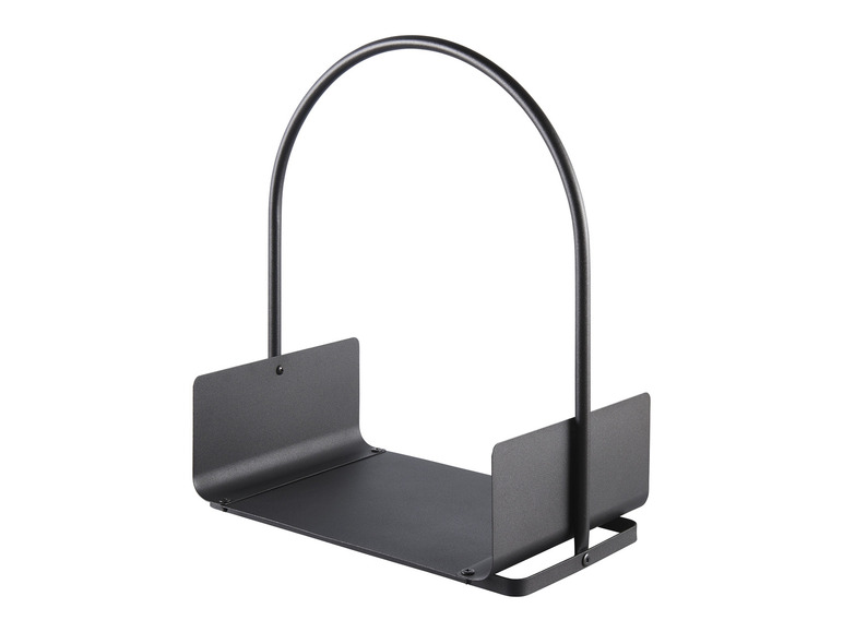 Un porte-bois en métal noir avec une poignée.