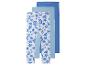 Trois leggings pour filles : un motif coquillages et étoiles de mer, deux unis bleu clair et bleu foncé.