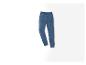 Un pantalon de survêtement bleu sur un fond blanc.