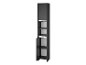 Une armoire de salle de bain étroite, gris foncé, avec des étagères et une porte.