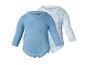 Lot de 2 bodys bébé à manches longues, un bleu uni et un bleu clair à motifs oursons.