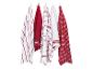 Cinq torchons de cuisine rouges et blancs à motifs variés, suspendus à des crochets.