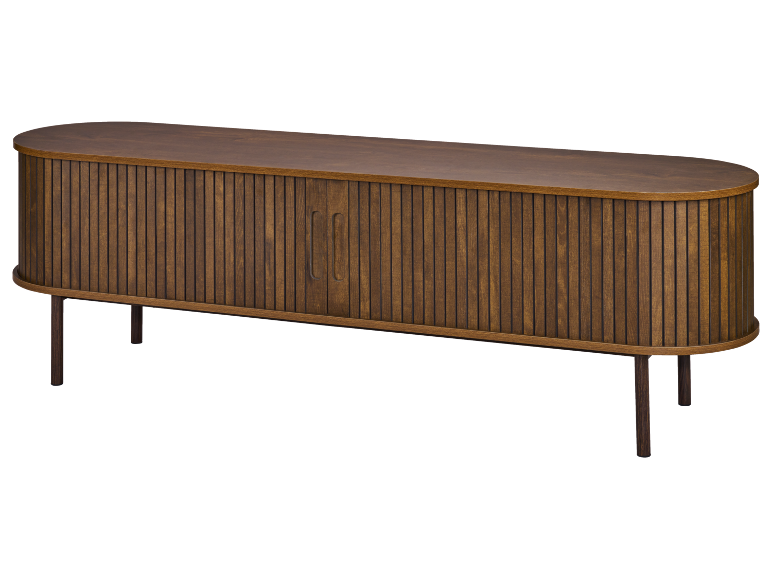 Meuble TV ou buffet en bois marron avec portes à lattes et pieds fins.