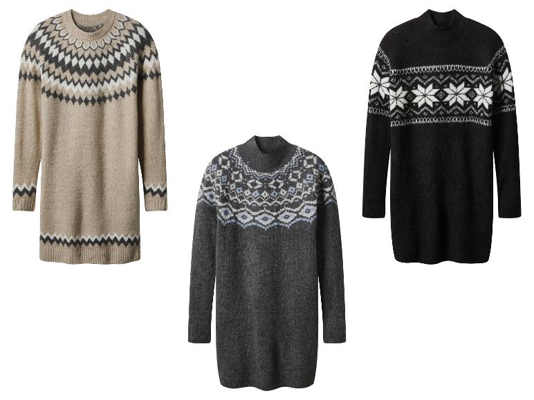 Trois pulls tricotés à motifs nordiques en beige, gris et noir.