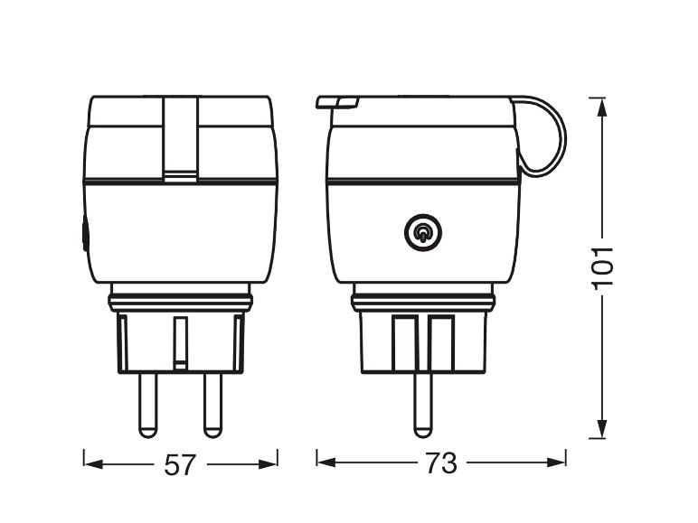 Dessin technique de deux fiches électriques avec les dimensions 57x101mm et 73x101mm.