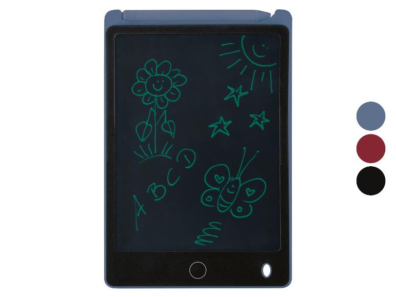 Tablette d'écriture LCD bleue avec stylet, affichant une fleur, un soleil, des étoiles et un papillon.