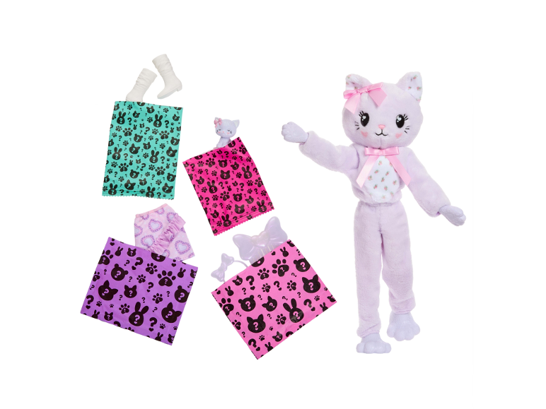 Poupée chat en peluche en costume lilas avec accessoires surprises dans des sachets.