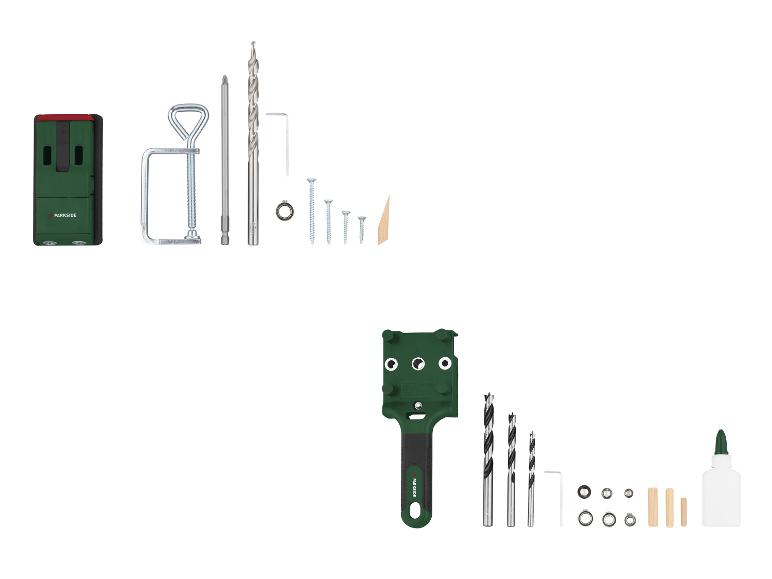 Kit de gabarit pour le travail du bois avec forets, vis, chevilles et colle.