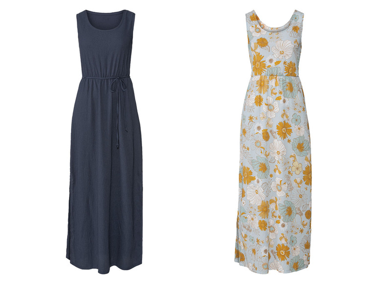 Deux robes longues, une bleu foncé et une bleu clair à fleurs.