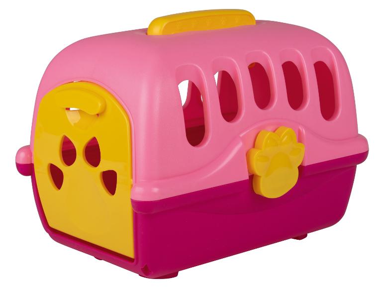 Une cage en plastique rose pour animaux de compagnie avec un détail jaune en forme de patte.