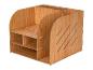 Organisateur en bois avec des compartiments pour fournitures de bureau.