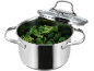 Casserole en acier inoxydable avec couvercle en verre, remplie de brocoli.
