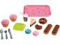 Ensemble de jouets de desserts et d'ustensiles de cuisine, comprenant des cupcakes, des beignets, des macarons et un plateau rose.