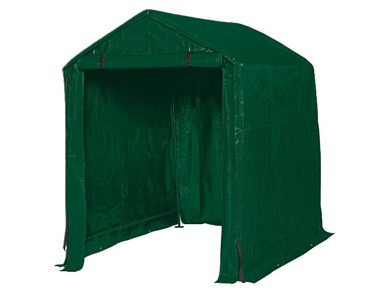 Tente de rangement verte avec toit pointu et façade ouverte.