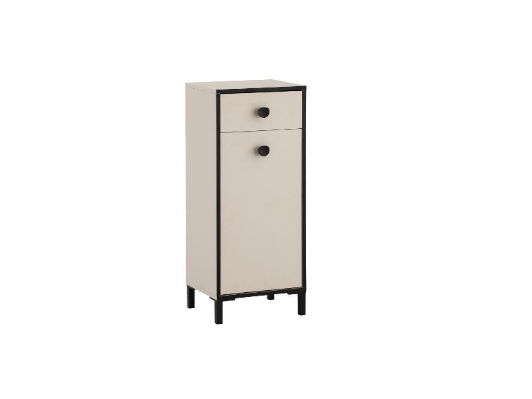 Commode étroite beige avec deux tiroirs et une armoire, poignées et pieds noirs.