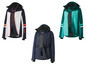 Trois vestes de ski différentes en bleu, vert et blanc avec des rayures rouges.