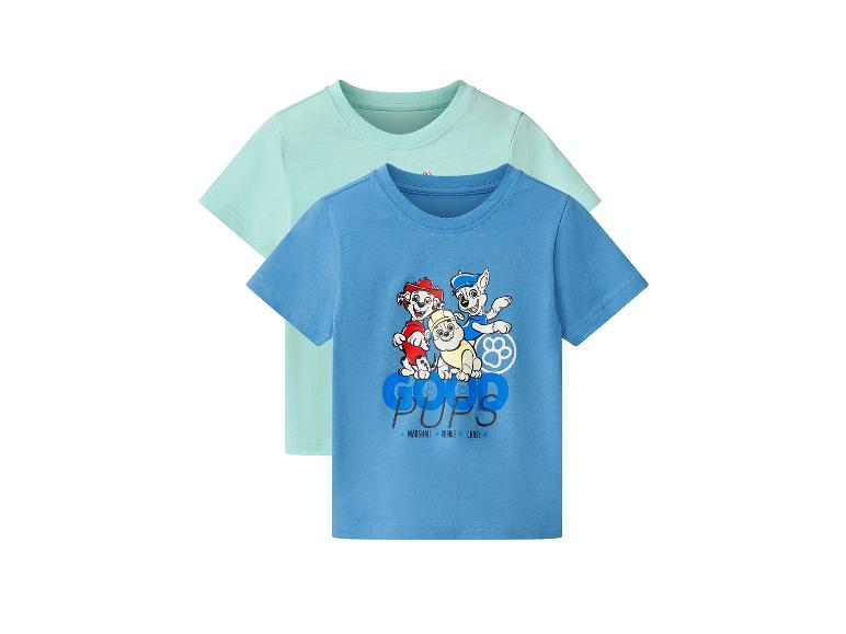 Deux t-shirts à manches courtes, un bleu clair et un vert menthe, avec un imprimé Pat' Patrouille