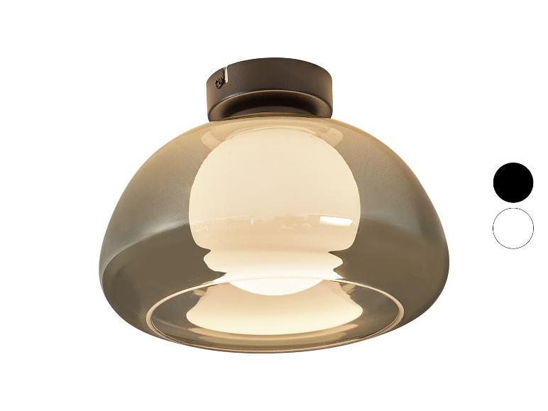 Plafonnier avec abat-jour en verre fumé et diffuseur intérieur blanc, avec options de couleur noire et blanche.