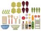 Set de salade en bois avec légumes, ustensiles, bols et assaisonnements.