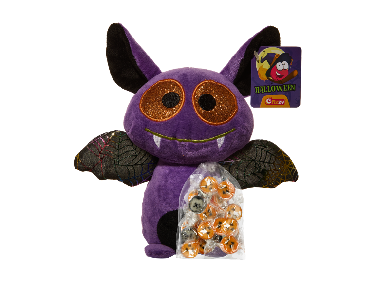 Chauve-souris en peluche d'Halloween avec un sachet de bonbons.