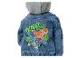 Veste en jean bleue pour enfants avec capuche grise et imprimé dinosaure et chien avec le texte 'DINO EXPERT'.