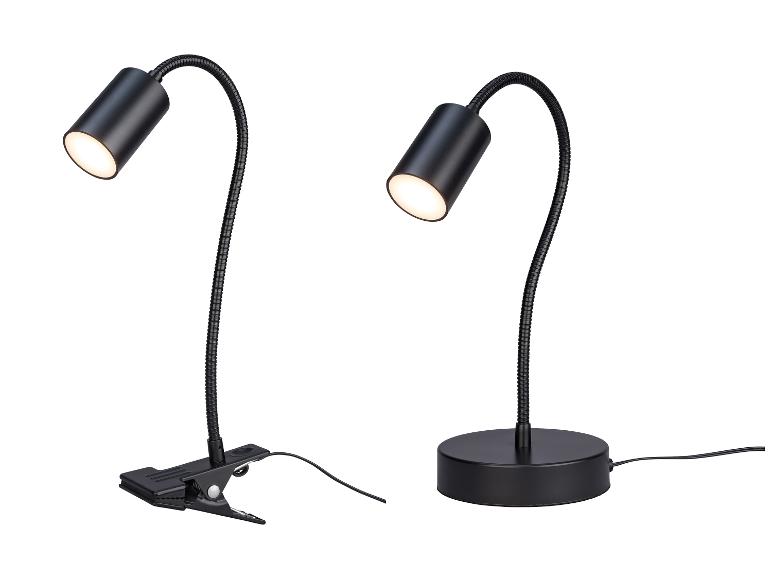 Deux lampes de bureau LED noires, une avec pince et une avec base ronde.