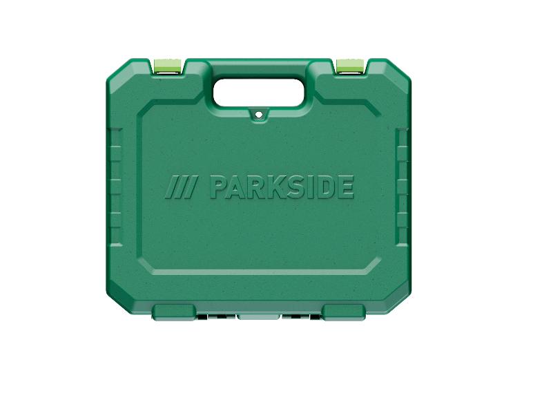 Boîte à outils verte avec poignées et fermoirs, avec nom de marque en relief.