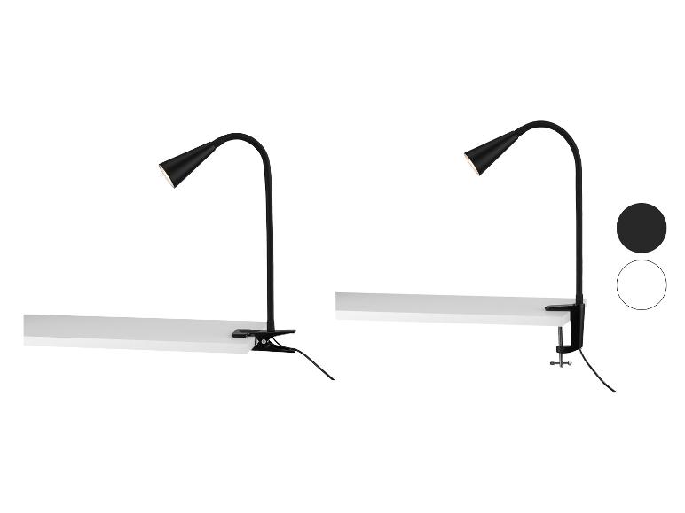 Deux lampes à pince noires avec bras flexible, l'une avec pince et l'autre avec serre-joint.