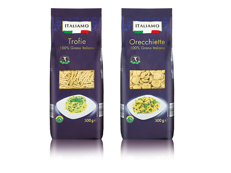 Deux paquets de pâtes italiennes, trofie et orecchiette, étiquetés « 100% Grano Italian ».