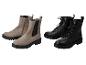 Deux paires de bottines pour femmes : des bottines Chelsea beiges et des bottines noires à lacets.