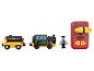 Ensemble de train jouet avec locomotive, wagon, figurine et télécommande.