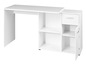 Un bureau blanc avec un tiroir, des étagères ouvertes et une porte d'armoire.