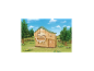Maisonnette en bois avec toit vert, hamac et fleurs dans un jardin.
