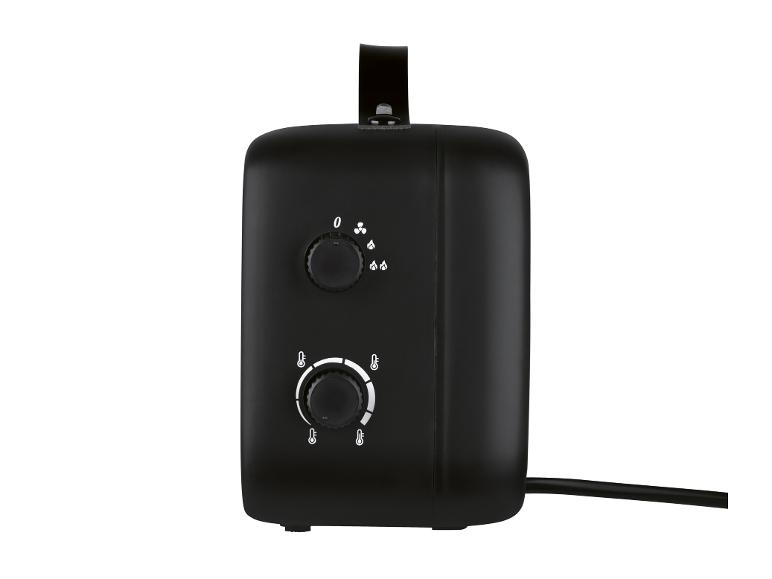 Chauffage électrique noir avec deux boutons rotatifs et symboles de réglage.
