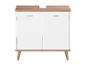 Armoire de salle de bain blanche avec deux portes et un plateau en bois.