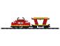 Un train Lego rouge avec un wagon de marchandises ouvert sur des rails.