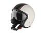 Un casque de moto blanc avec une visière et des rayures rouges.