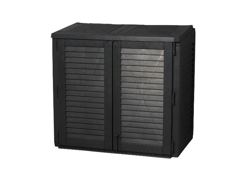 Armoire de rangement noire à deux portes pour l'extérieur.