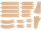Ensemble de rails de train en bois avec sections droites, courbes et aiguillages.