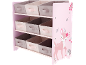 Étagère enfant rose avec 9 bacs de rangement en tissu, décorée d'un cerf et d'un hérisson.