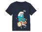 Un t-shirt bleu marine avec un imprimé de la Schtroumpfette jouant de la batterie.