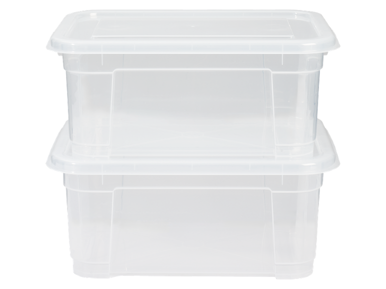 Deux boîtes de rangement transparentes en plastique avec couvercles, empilées.
