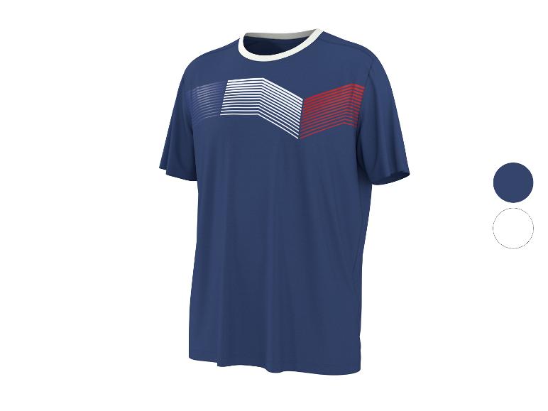 T-shirt de sport bleu avec un motif à rayures blanches et rouges sur la poitrine.